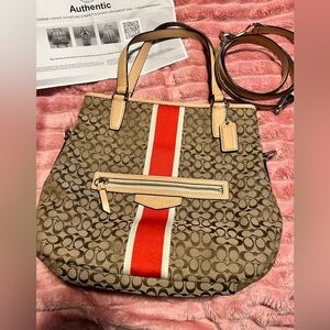 *New Coach Tan and Red Signature Shoulder Bag